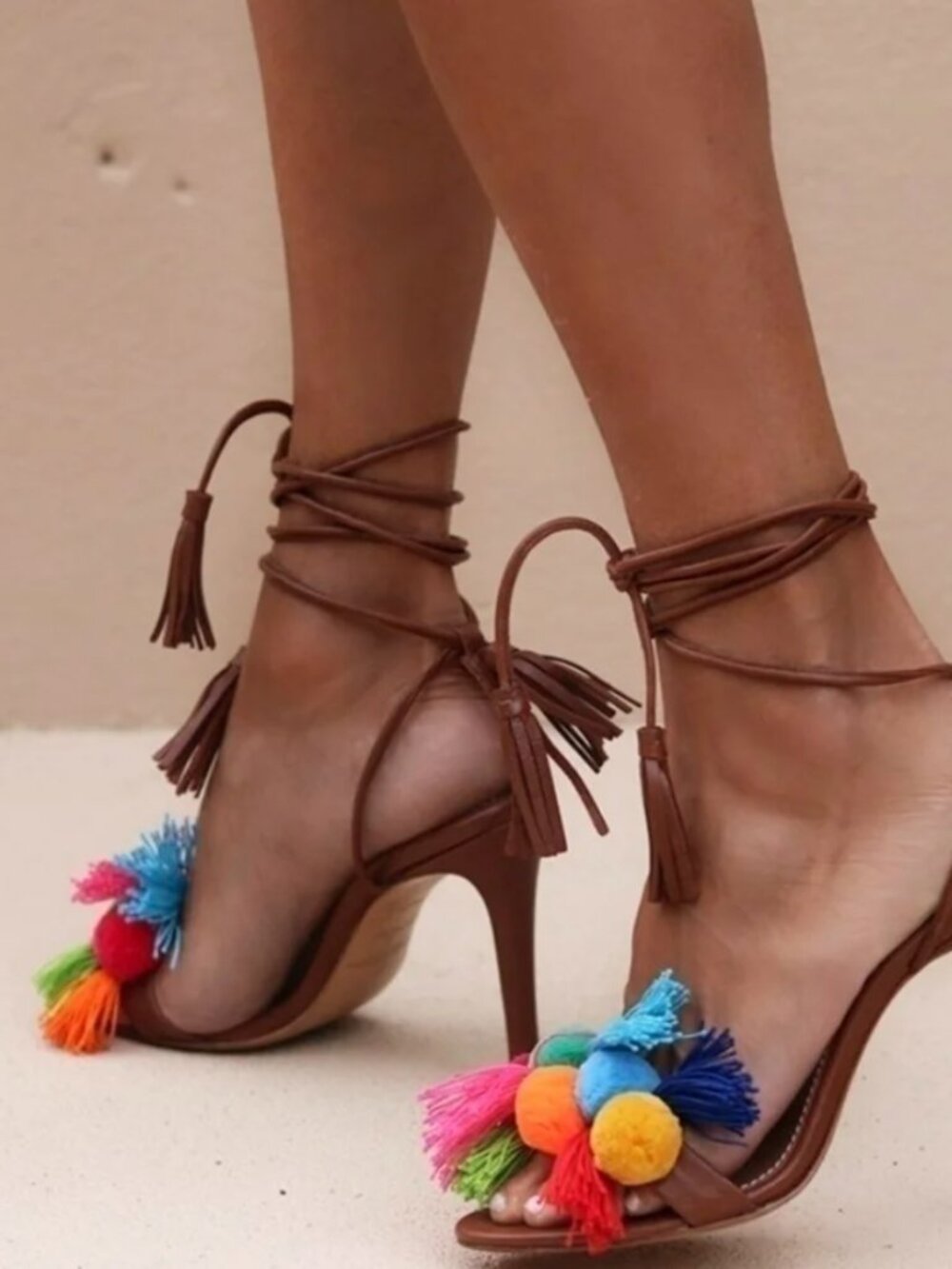 NWOT Alameda Turquesa Anna Pom Pom Ankle Wrap Heel 38 7.5